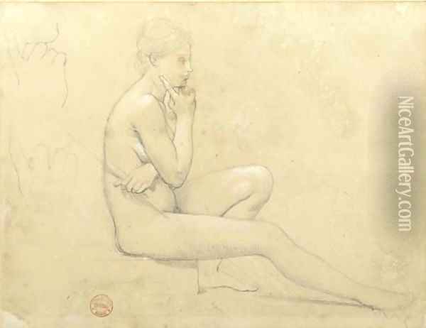 A young nude woman seated in profile to the right, with subsidiary studies of her hand Oil Painting - Jean Auguste Dominique Ingres