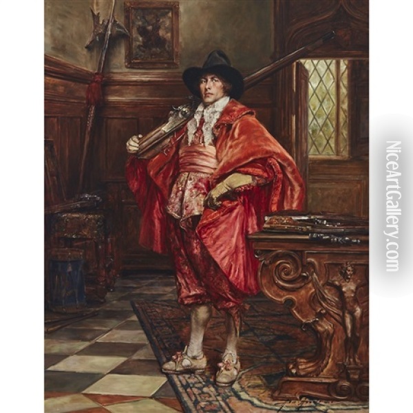 Cavalier Standing In A Panelled Interior Oil Painting - Alex De Andreis