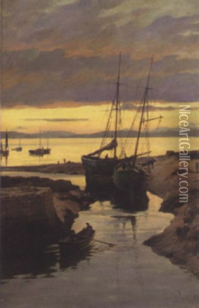 The Harbour At Sunset Oil Painting - William M. Pratt