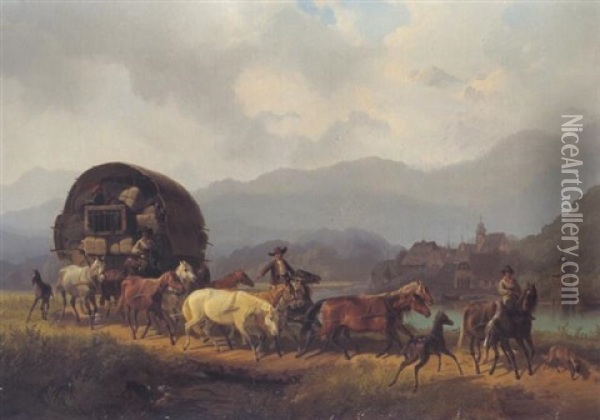 Der Wanderzirkus Am Weg In Die Stadt Oil Painting - Johann Erdmann Gottlieb Prestel
