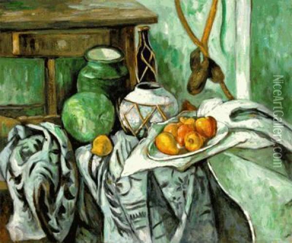 Still Life With Ginger Jar And Eggplants Oil Painting - Paul Cezanne