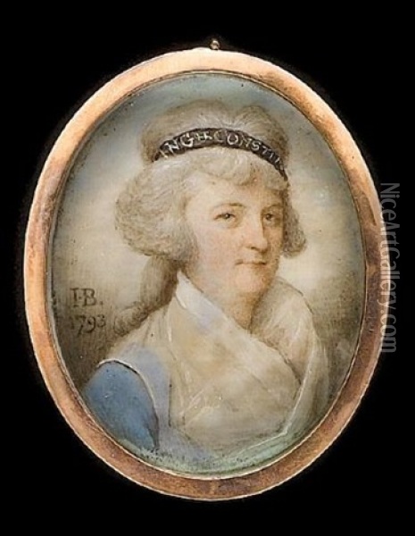 A Lady, Wearing Blue Dress With White Fichu, Her Hair Powdered And Upswept Beneath A Blue Bandeau Bearing Inscription King And Constitution Oil Painting - John Bogle