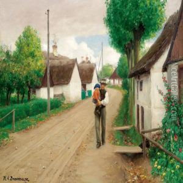Grandfather With His Grand Daughter Walking Down The Village Street Oil Painting - H. A. Brendekilde