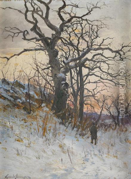 Den Gamla Eken - Vinterlandskap I Aftonrodnad Oil Painting - Karl Konrad Simonsson