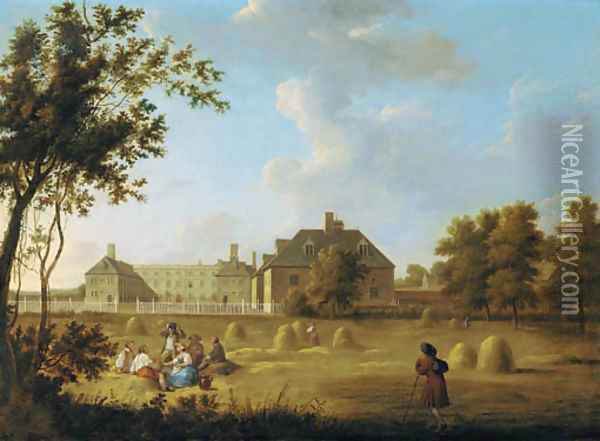 A view of Fonthill, Wiltshire, with haymakers in the foreground Oil Painting - George Lambert