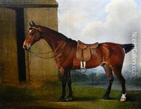 The Earl Of Powis's Racehorse Standing By A Stable In An Extensive Wooded Landscape Oil Painting - Thomas Weaver