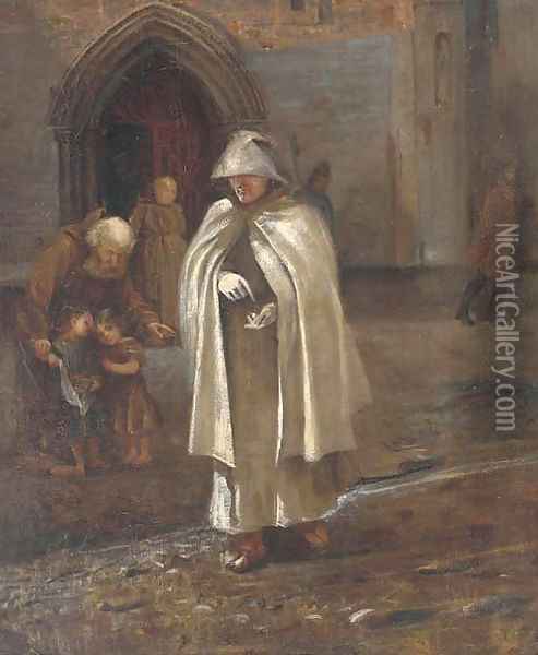A hooded figure outside a monastary Oil Painting - English School