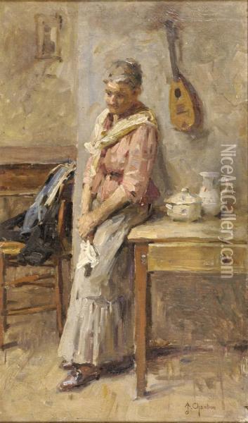 Femme Dans Un Interieur Huile Sur Toile Signee En Bas A Droite Oil Painting - Alexandre Jacques Chantron