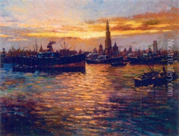 Abend Im Hafen Von Antwerpen Oil Painting - Frans van Genesen