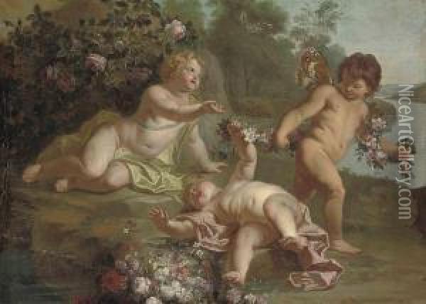 Putti Disporting With Garlands Of Flowers Beside A Lake Oil Painting - Frans Werner Von Tamm