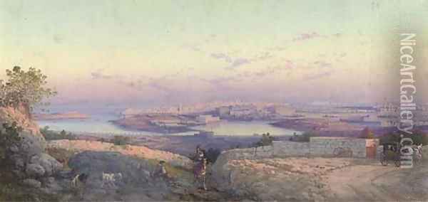 Peasants above Valletta harbour, Malta Oil Painting - Girolamo Gianni
