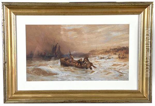 Stormy Seas With Boat On Coastline Oil Painting - Charles Bentley
