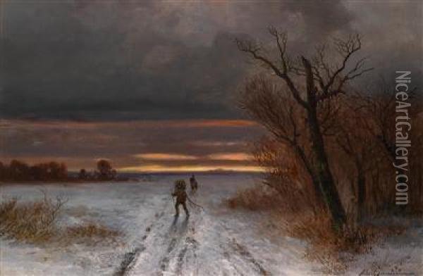 Winterlandschaft Mit Holzsammler Im Abendlicht Oil Painting - August Albert Zimmermann