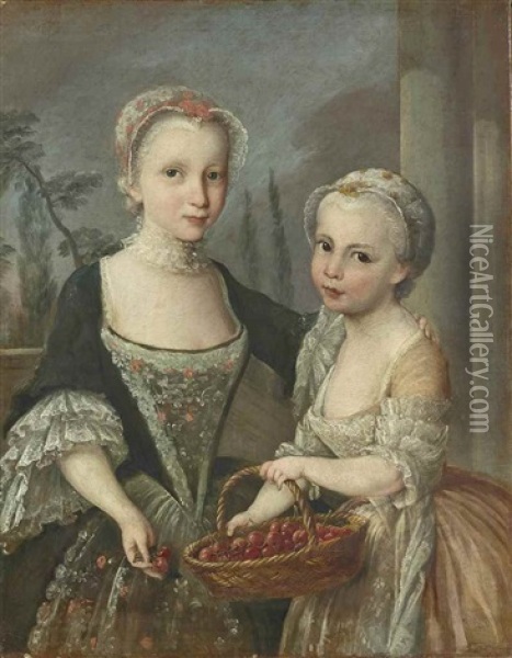 Deux Petites Filles Tenant Un Panier De Cerises Oil Painting - Antoine Pesne