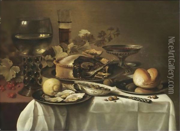 Still Life With A Large Roemer, A Half-Filled Beer Glass, A Tazza, A Pie, A Bread Roll On A Pewter Plate Oil Painting - Pieter Claesz.