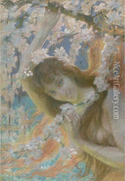 Portrait Of A Woman With Cherry Blossoms Oil Painting - Armand Point