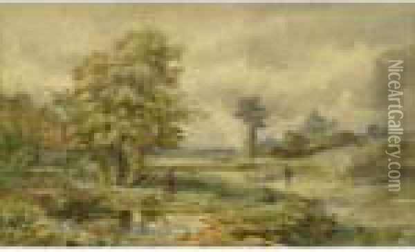 Rural Landscape Withfigure By Pond And Shepherd With Flock Oil Painting - David Cox