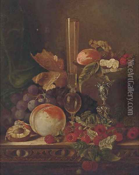 Strawberries, grapes and peaches on a table and pedestal bowl with a glass vase Oil Painting - English School