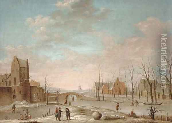 A winter landscape with figures playing kolf on a frozen river, a windmill and walled town beyond Oil Painting - Aert van der Neer