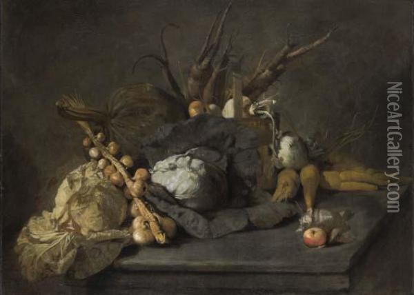 Nature Morte Aux Choux, Aux Oignons, Carottes Oil Painting - Michel-Honore Bounieu