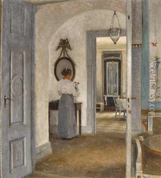 Interior With A Woman Before A Mirror, Liselund Oil Painting - Peter Vilhelm Ilsted