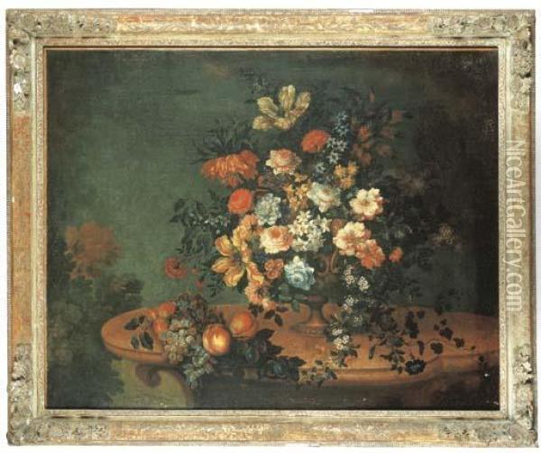 Fleurs Dans Un Vase En Metal Et Fruits Sur Une Console Enpierre Oil Painting - Antoine Monnoyer