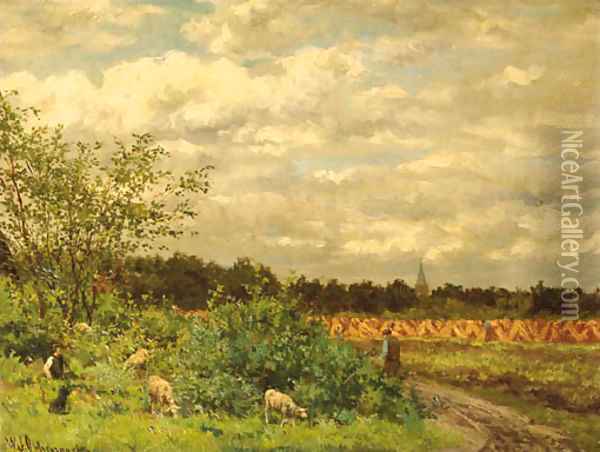 A shepherd and sheep on a country lane by a cornfield Oil Painting - Willem Johannes Oppenoorth