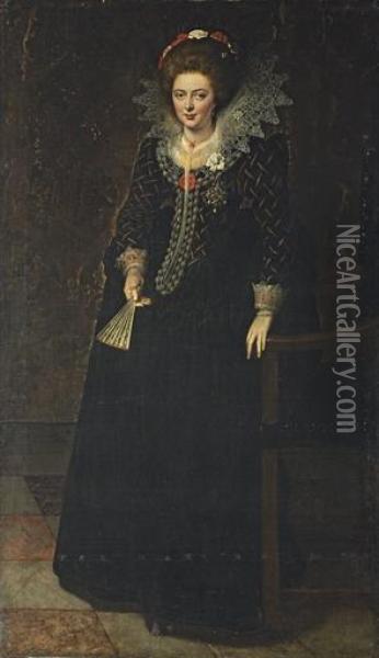 Portrait Of A Lady, Full-length, In A Black Dress With A Jewelled Brooch, Holding A Fan Oil Painting - Frans Pourbus the younger