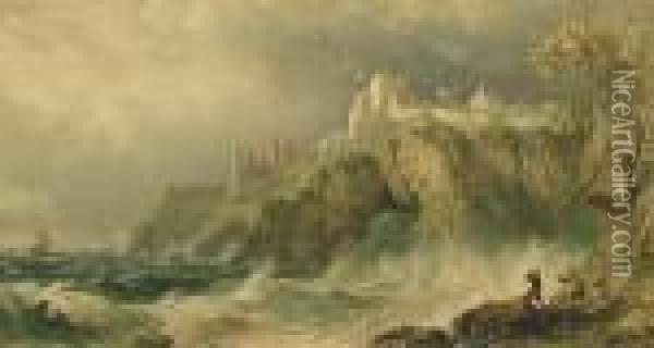 Figures In A Rocky Cove, A Castle Beyond, Possibly Tenby Oil Painting - George Arthur Fripp