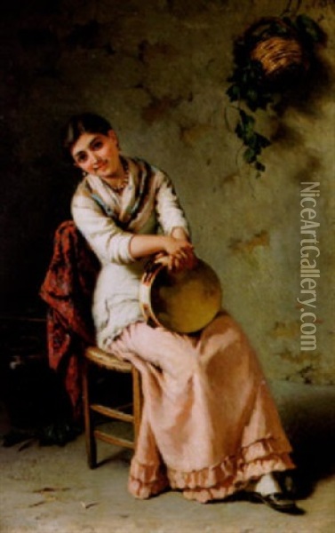Sittande Ung Kvinna Med Tamburin Oil Painting - Girolamo Nattino