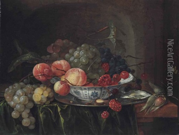 Grapes And Apples In A Wan-li Dish With Oysters On A Stone Ledge Oil Painting - Jan Davidsz De Heem