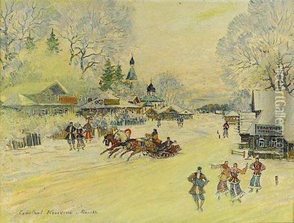 Winter In A Russian Village Oil Painting - Konstantin Alexeievitch Korovin