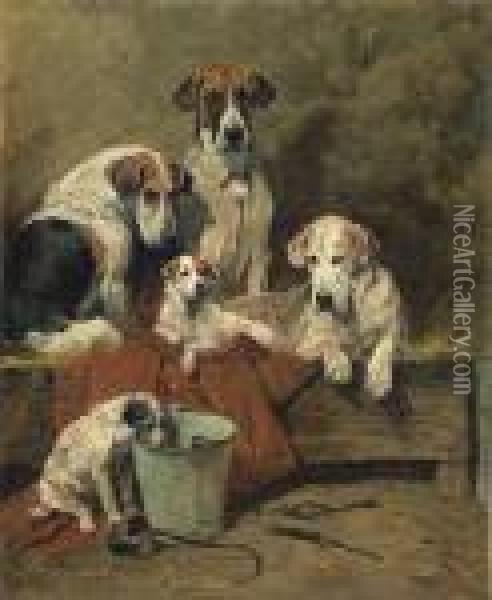 Hounds And Terriers In A Stable Oil Painting - John Emms
