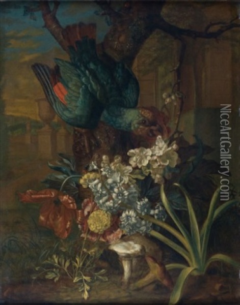 Perroquet Dominant Un Massif De Fleurs Et Champignon Au Pied D'un Arbre Oil Painting - Peter (Pieter Andreas) Rysbrack