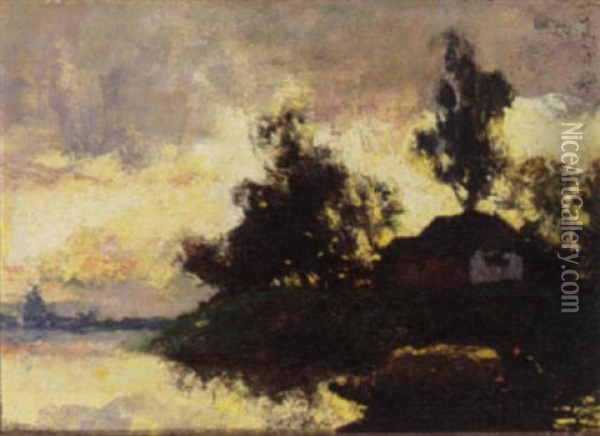 A Farm In An Evening Landscape Oil Painting - Charles Dankmeijer