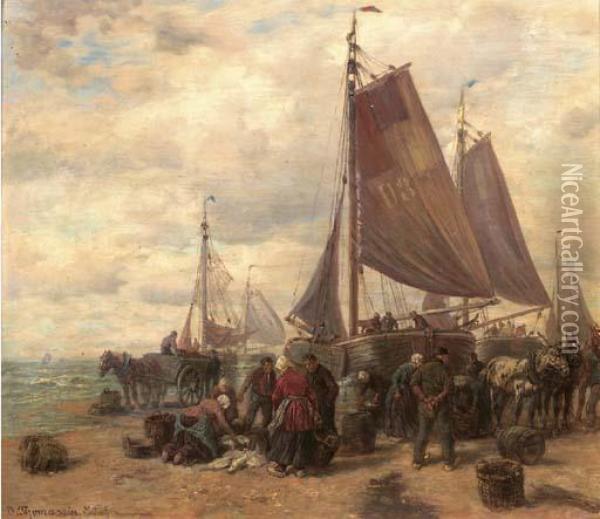 Sorting The Catch On The Beach Of Dunkirk (?) Oil Painting - Desire Tomassin