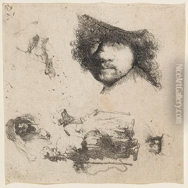 Sheet Of Studies, Head Of The 
Artist, A Beggar Couple, Heads Of An Old Man And An Old Woman (b., 
Holl. 363; H. 90), 1632 Oil Painting - Rembrandt Van Rijn