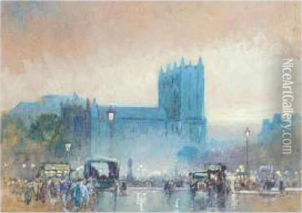 Westminster Abbey; London Bridge; Stable Inn, Holborn Oil Painting - Percy Robertson