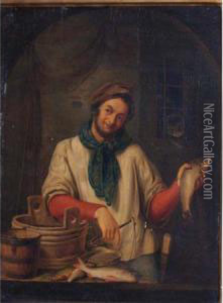 Fishmonger Oil Painting - Heinrich Gaudenz Von Rustige