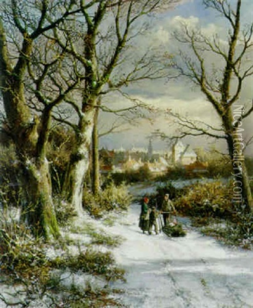Figures On A Snowy Road Oil Painting - Johannes Hermanus Barend Koekkoek