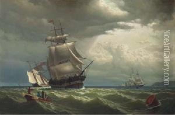 Transatlantic Packet Ships Off A Northern Headland Oil Painting - William Bradford
