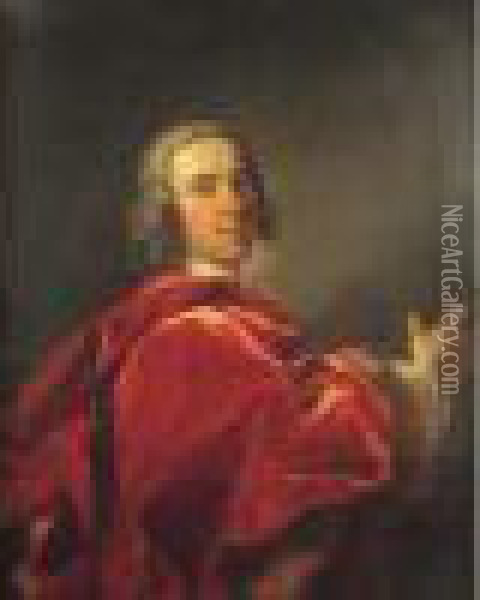 Portrait D'un Homme De Qualite Dans Un Grand Manteau Rouge, La Main
 Droite En Avant Oil Painting - Jean Baptiste van Loo
