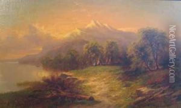 Landscape With Mountains Oil Painting - S.J. Remington