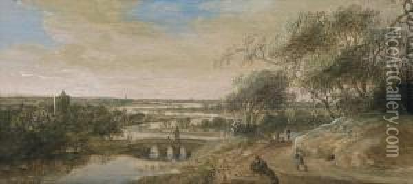 Wide River Landscape With Wanderers Oil Painting - Anthony Jansz. Van Der Croos