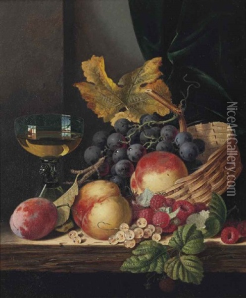 Peaches, Plum, Grapes, Raspberries And White Currants On A Wooden Ledge, With A Wine Glass Oil Painting - Edward Ladell