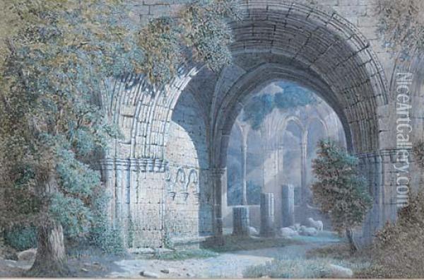 Shaft Of Sunlight In A Ruined Abbey Oil Painting - Thomas Miles Richardson