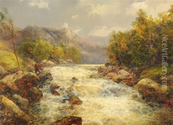 Voralpine Landschaft Mit Wildbach Und Fischer Oil Painting - Karl Girardet