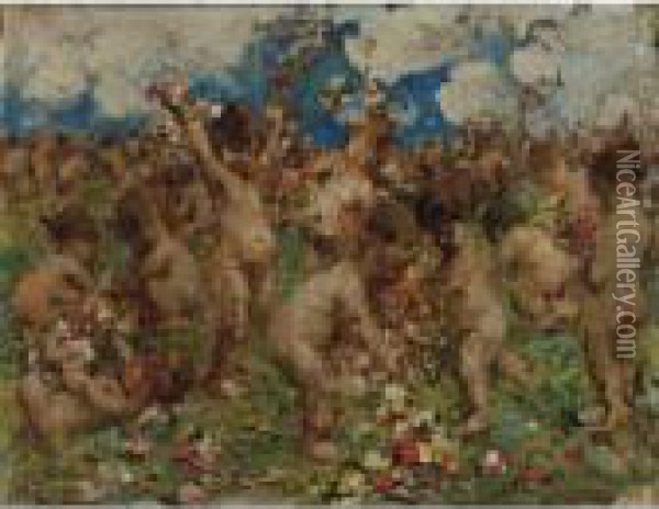 Putti Among The Flowers Oil Painting - Vincenzo Irolli