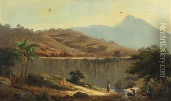 Mountainscape With Women Washing Clothes In The River, Probably Marocco Oil Painting - Daniel Hermann Anton Melbye