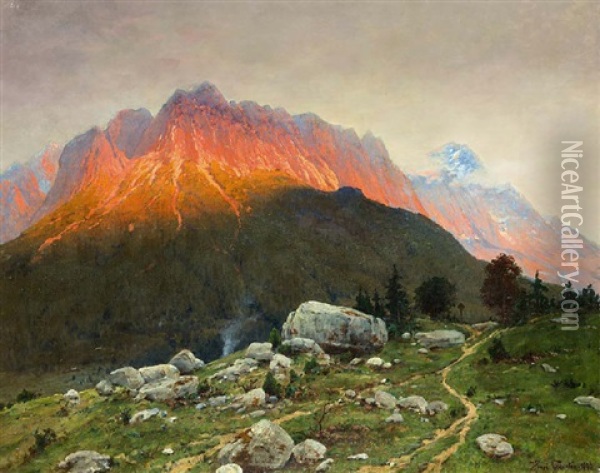 Bergpanorama Mit Almwiesen Im Abendrot Oil Painting - Heinrich Gogarten